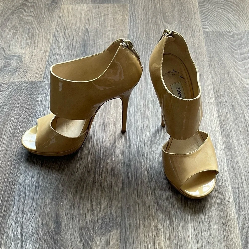 Jimmy Choo Nude Patent Platform Peep Toe Heels Ankle Cuff Stiletto Pumps 37.5